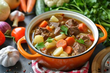Beef bone broth and vegetables in a homemade casserole