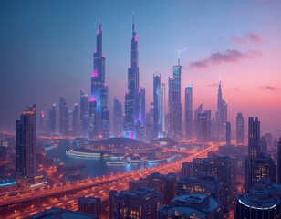 Obraz premium Stunning Cityscape of Skyscrapers at Dusk with Vibrant Lights