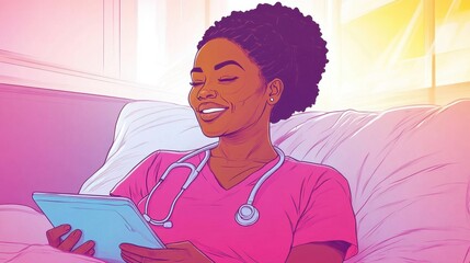 Smiling Woman in Pink Scrubs Uses Tablet for Telehealth Appointment