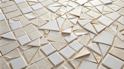 An intricate pattern of white ivory tiles lies shattered on the stone floor after a catastrophic event, tragedy, chaos