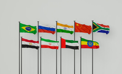 BRICS summit, photo flags brics membership concept of the brics summit. BRICS list of countries. 3d...