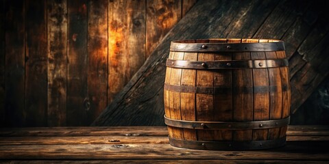 Aged wooden barrel with whiskey barrels, old oak staves, and a rusty metal band at the neck of a barrel, whiskey barrels, whiskey casks, old equipment