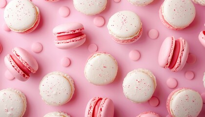 Obraz premium Bird s eye view of small pink and white macaron on delicate pink backdrop