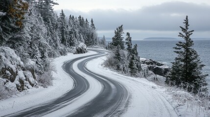 Obraz premium Snow-dusted pines lining curved winter sea road