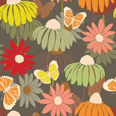 Seamless floral pattern based on traditional folk art ornaments. Colorful flowers on color background. Scandinavian style. Sweden nordic style. Vector illustration. Simple minimalistic pattern