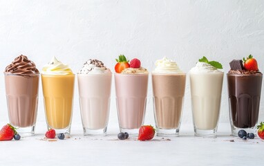 An inviting assortment of delicious milkshakes, showcasing classic, chocolate, and strawberry varieties, all served in stylish glasses 
