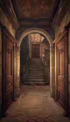 Obraz premium Evocative scene of a medieval italian castle corridor from the 1300s with distinct doors and stairs