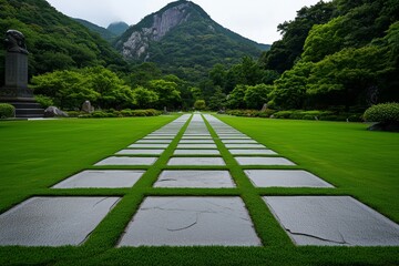 A historic park with old stone statues, manicured gardens, and pathways lined with ancient trees, giving a sense of timeless beauty and history, symbolizing the elegance of heritage parks