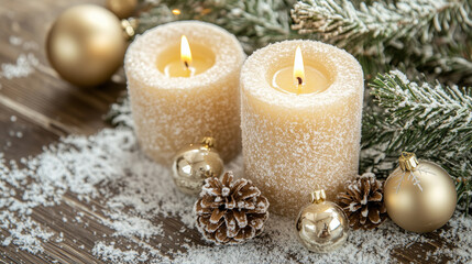 Close-up photo of Christmas candles dusted with festive decorations and artful details, surrounded by pinecones and ornaments