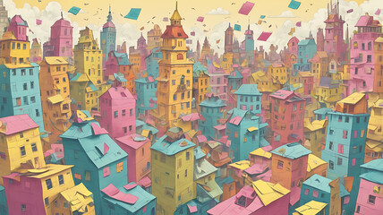 Obraz premium A whimsical cityscape with buildings made of colorful post-it notes and reminders, symbolizing the weight of mental clutter in daily life, contrasted with a character seeking peace amidst the chaos