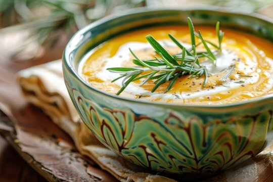 Butternut squash bisque in green bowl with cream and rosemary