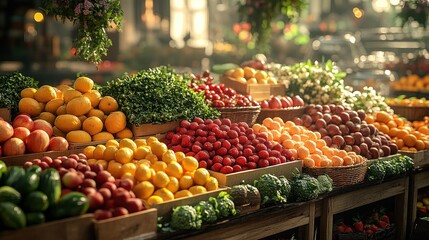 Obraz premium Vibrant market display of fresh fruits and vegetables.