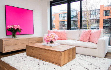 Modern living room featuring a pink accent wall and stylish decor with blooming flowers