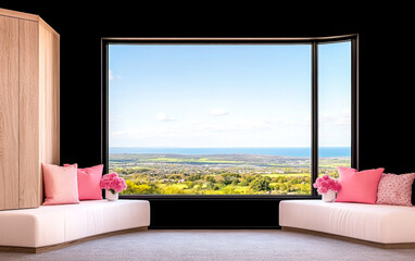 Modern interior design featuring cozy seating and expansive coastal view on a sunny day