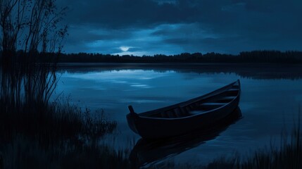 Obraz premium A fishing boat on a lake at nightfall, the water reflecting the last hues of the sunset.