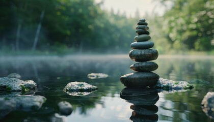 Obraz premium Calmness in nature meditation and balanced stone tower in zen background Nature photographs