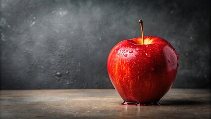 A single red apple dripping with juice onto a dull grey background, red apples, food photography, juicy fruit, kitchen decor