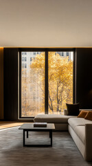Cozy modern living room with a view of golden autumn trees on a sunny day