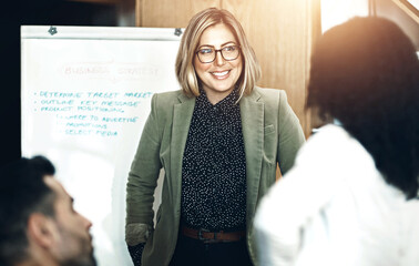Presentation meeting, happy and business woman brainstorming, planning and report financial sales...