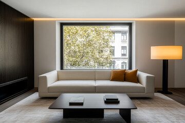 Modern living room with a stylish sofa and elegant lamp overlooking a cityscape