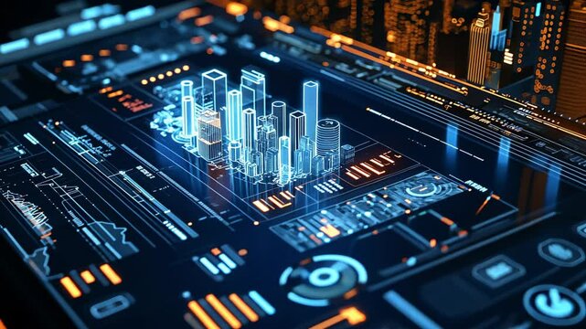 A futuristic digital interface displaying a 3D cityscape model with glowing blue and orange elements