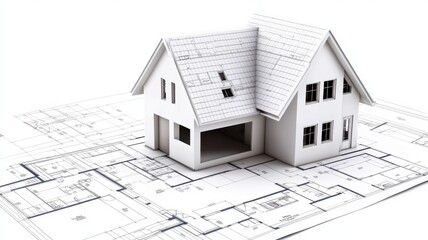 A 3D model of a house sits on a blueprint, illustrating the architectural design and layout of a home.