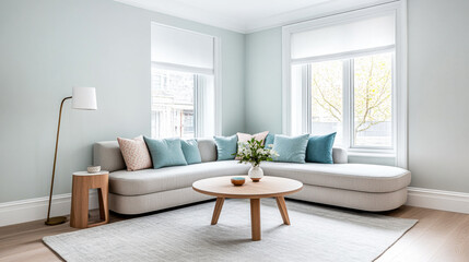 Modern living room with a curved sofa and natural light in a stylish interior setting