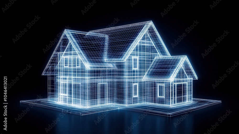 Poster a futuristic, illuminated house design rendered in a digital wireframe style, showcasing a blend of 