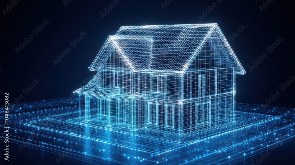 Poster a 3d digital representation of a house made of glowing blue lines and dots against a dark background