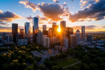 Fototapeta premium A panoramic view of a city skyline at sunset, with skyscrapers glowing in the warm light, and the sky turning shades of orange and pink, capturing the beauty and majesty of urban architecture,