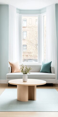 A cozy living room with a round coffee table and natural light streaming through the windows