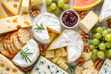 Cheese plate with grapes jam melon crackers nuts Assorted cheeses Camembert Brie Parmesan blue goat Top view