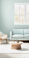 Modern living room with light-blue sofa and cozy armchair in a bright, airy space
