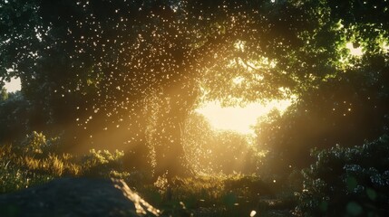 Obraz premium A forest illuminated by the last rays of daylight as nightfall creeps in, stars emerging overhead.