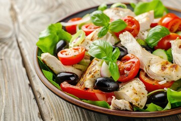 Chicken salad with cherry tomatoes red pepper black olives leek lettuce and fresh basil on a bright wooden background