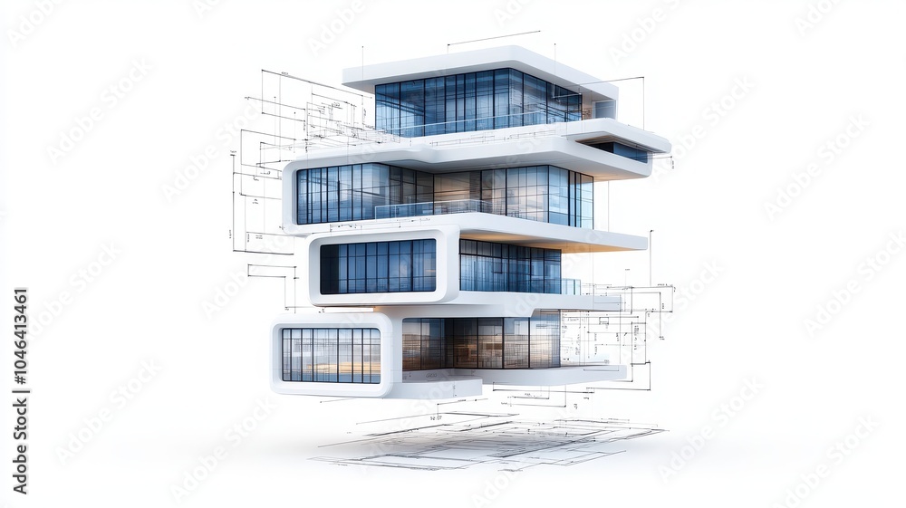 Poster a modern, multi-level architectural design featuring large glass windows and a floating appearance, 