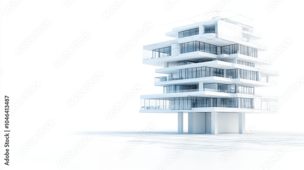 Poster a modern architectural structure featuring multiple transparent levels, set against a minimalist whi