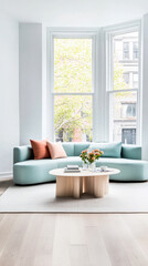 Modern living room with a light blue curved sofa and a central wooden coffee table in spring