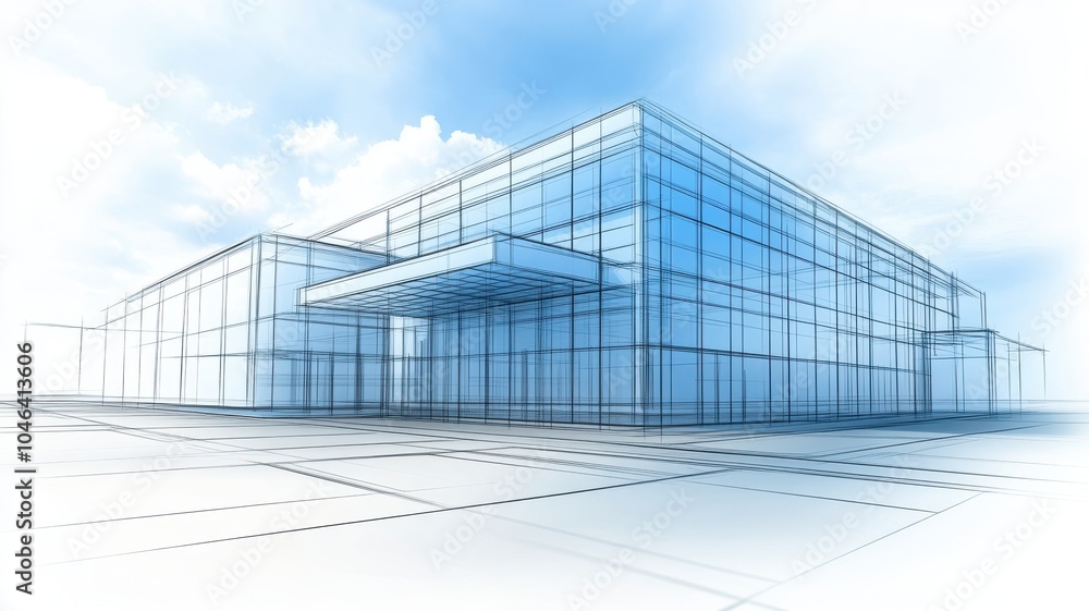 Poster a modern architectural sketch showcasing a building design with a translucent effect, highlighting g