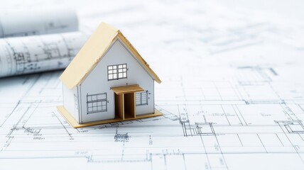 A small wooden house model sits on blueprints, symbolizing architectural design and construction planning.