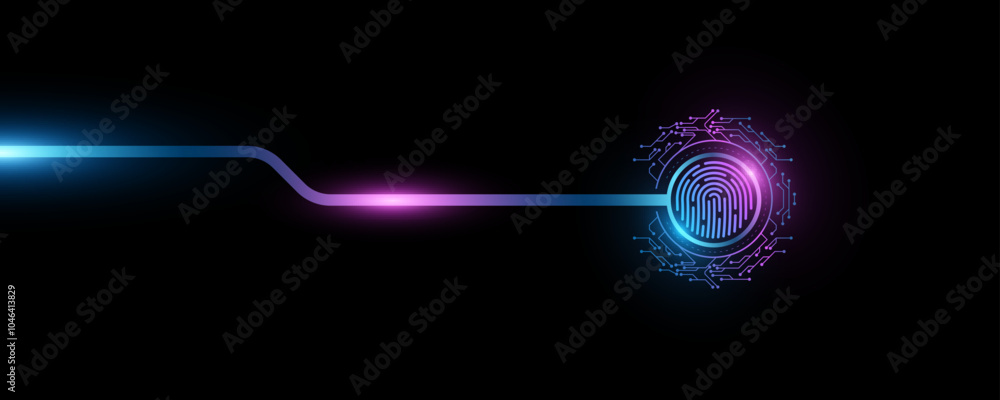 Poster fingerprint scan with digital hud circle. glowing computer circuit board. biometric data security. f