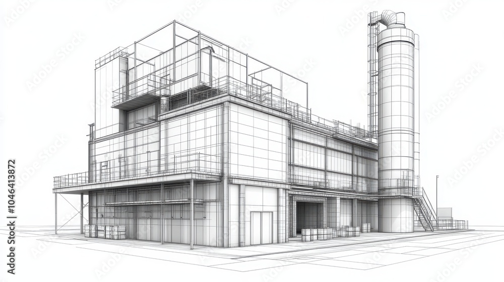 Poster a technical illustration of an industrial facility featuring multiple structures, silos, and robust 