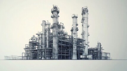 A detailed architectural illustration of an industrial structure with multiple towers, showcasing intricate lines and a stark aesthetic.