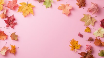 Photo of, Pink background with autumn leaves scattered for design, banner template