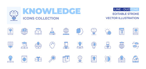 Knowledge icons collection. Line Duotone style, editable stroke. intellect, bookworm, book, graduation, knowledge, science, innovation, growth, strategy, idea, global, legal