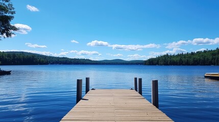 Obraz premium A picturesque view of a pontoon pier on a beautiful summer day, with calm waters and a blue sky overhead.