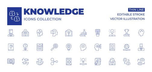 Knowledge icons collection. Thin Line icons, editable stroke. idea, job, knowledge, learning, growing knowledge, mind map, search, beers, book, creative, ecology