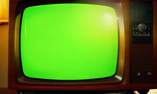 A vintage television set displaying a bright green screen, evoking nostalgia and retro aesthetics.