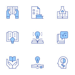 Knowledge icons set. Line Duotone style, editable stroke. learning, knowledge, maths, science, reading, literature, mind, idea, book