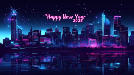 A futuristic city skyline illuminated with "Happy New Year 2025" in neon lights above.